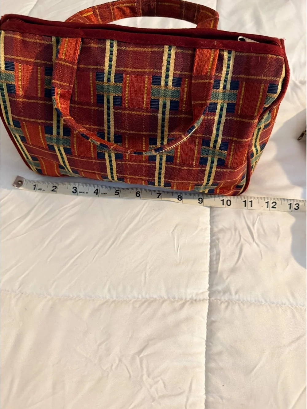Vintage Multicolor Plaid Fabric Handbag with Matching RoundP